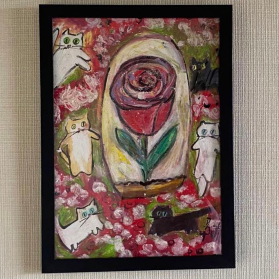 絵画 。壁掛け絵原画手描き【バラガーデンで猫たちが踊るロマンチックな時間】