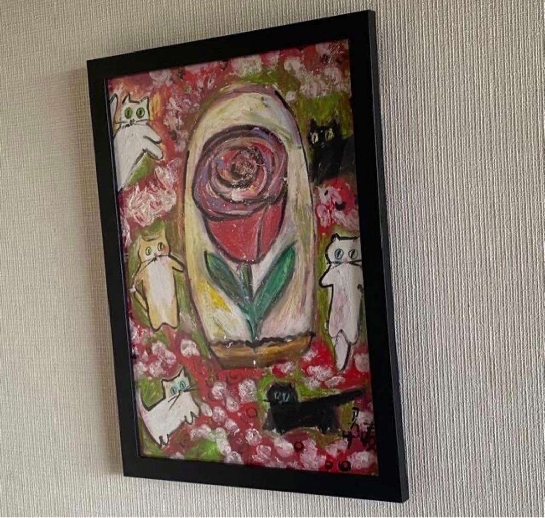 絵画 。壁掛け絵原画手描き【バラガーデンで猫たちが踊るロマンチックな時間】