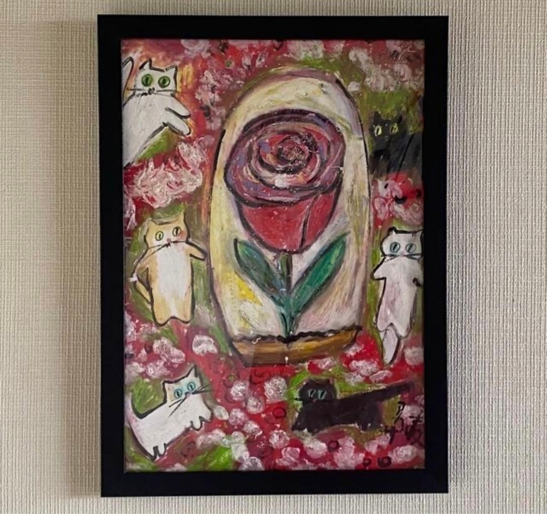 絵画 。壁掛け絵原画手描き【バラガーデンで猫たちが踊るロマンチックな時間】