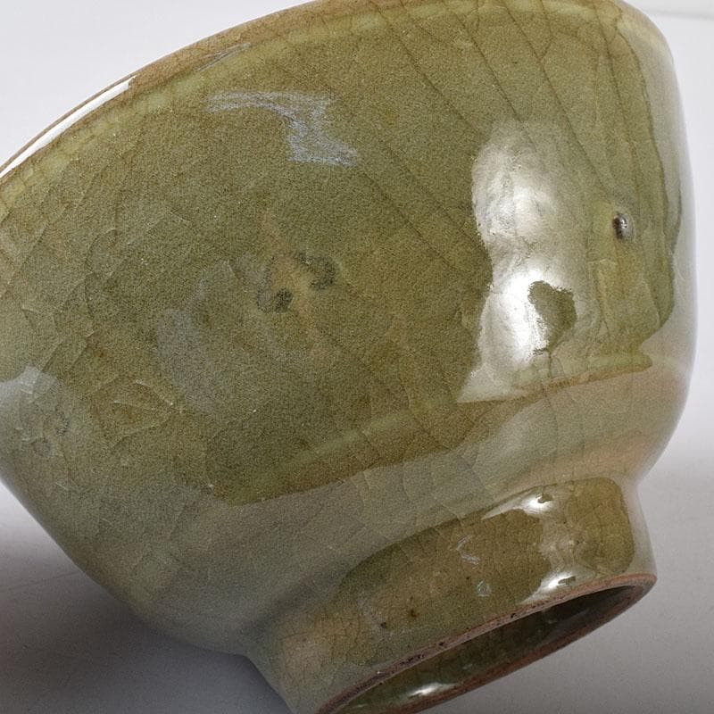 朝鮮　高麗青磁　雲鶴図　茶碗　仕覆付　C　7619