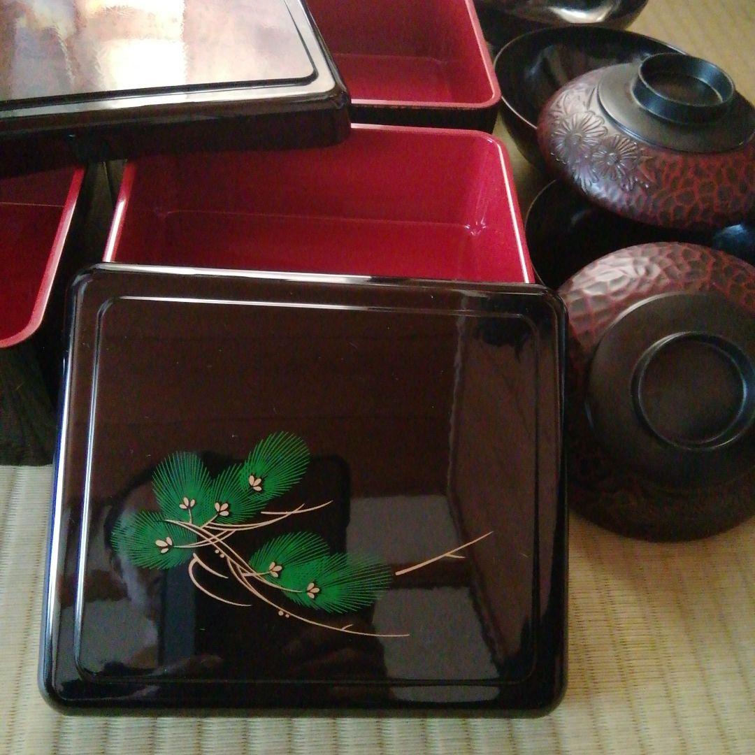 一*子様 うな重箱　お吸い物碗　セット　山中漆器　土用丑の日　鎌倉彫　松　もみじ