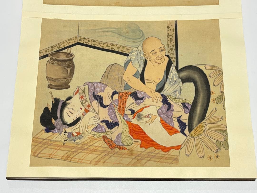 「彩色絹本 春画帖」艶本 明治？大正？頃筆 1帖|和本 わじるし 枕絵