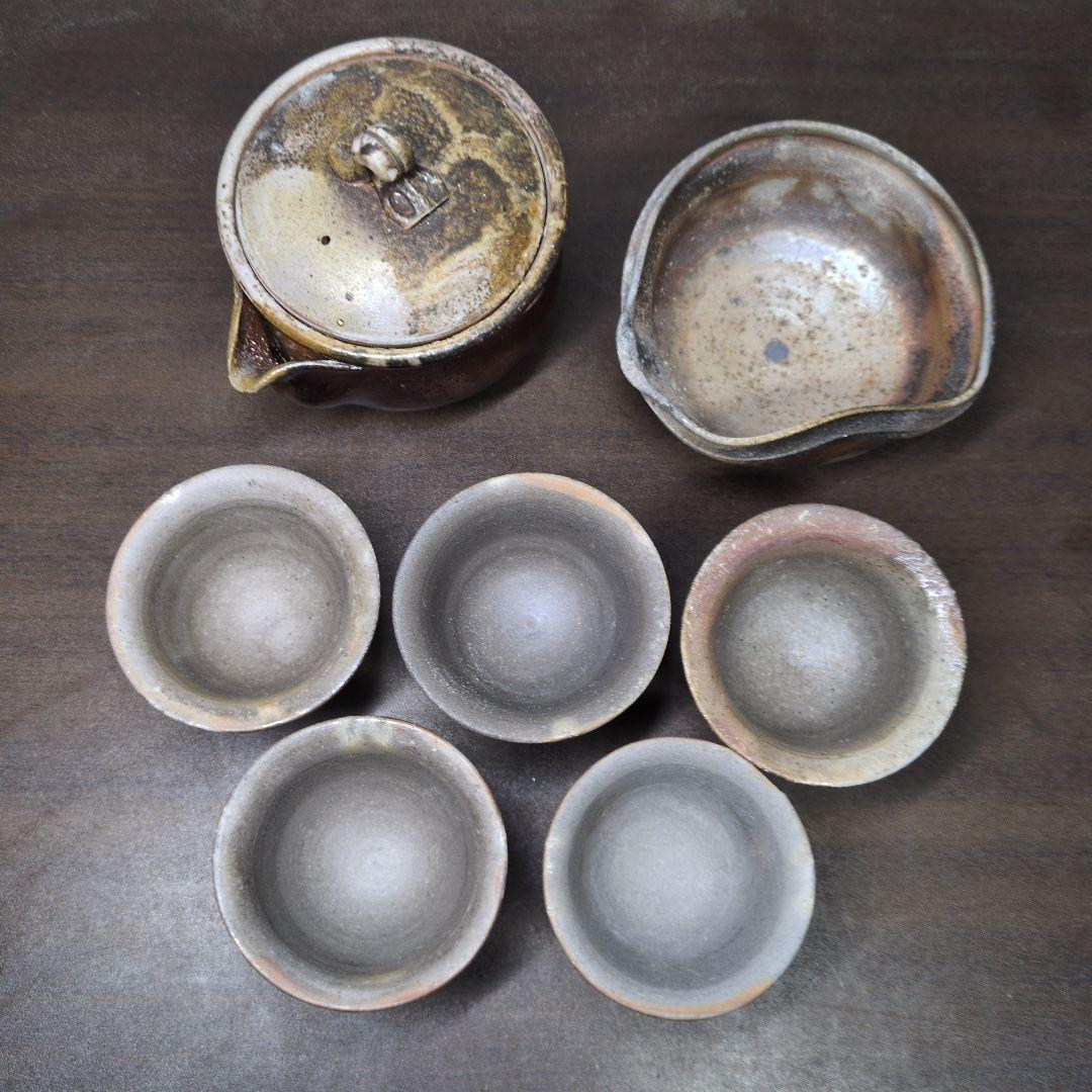 小野田賢一 作 備前 窯変 煎茶器(煎茶碗五客・湯冷まし・宝瓶) 共箱 煎茶道具