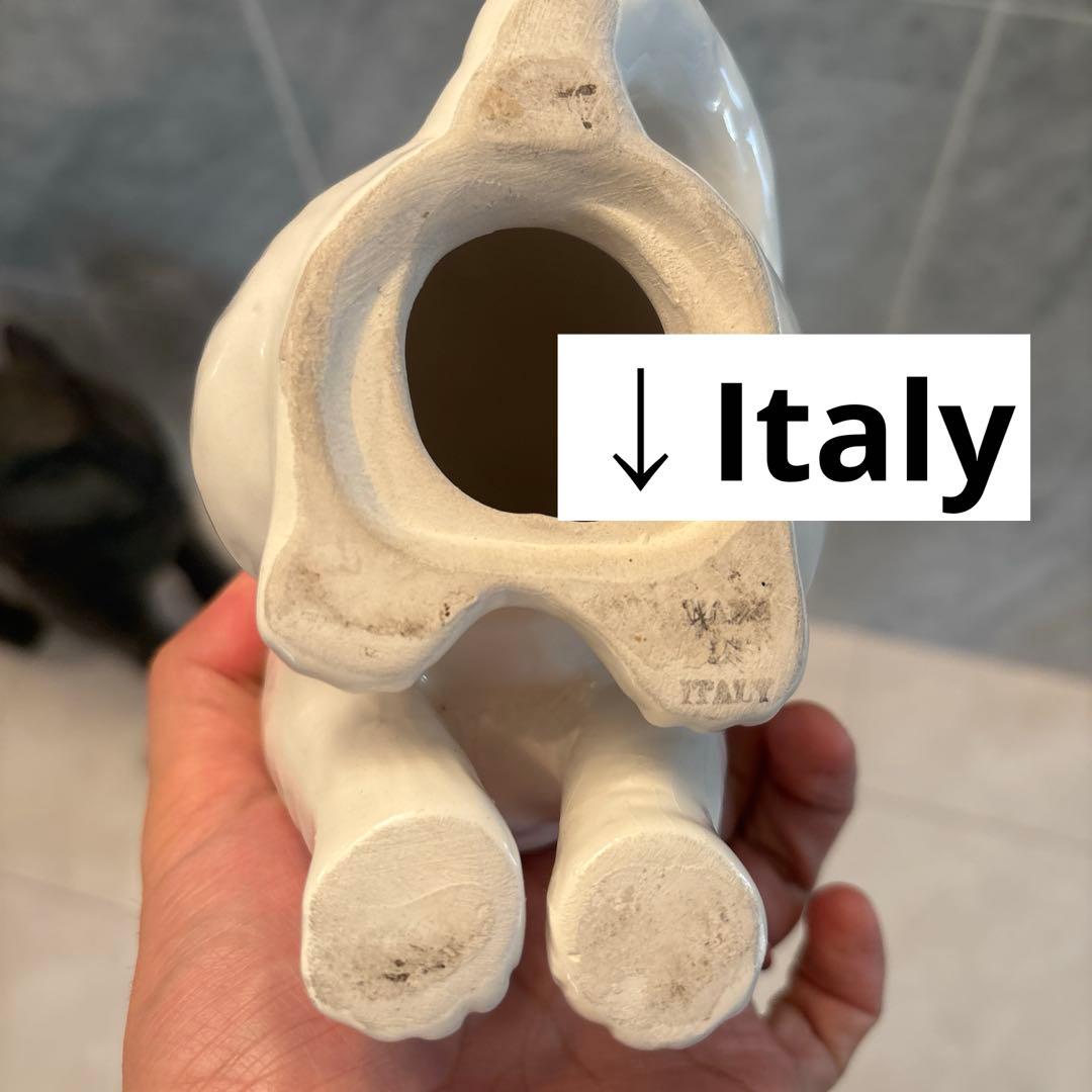 イタリアヴィンテージ手描きの瞳や首輪のお花が芸術的な白猫ちゃんの陶器