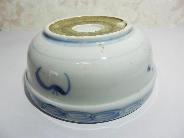古伊万里染付「柳に帆掛舟図、渦巻蝙蝠文」小鉢３客（平均　Ｄ１６ｃｍ、Ｗ６００ｇ）