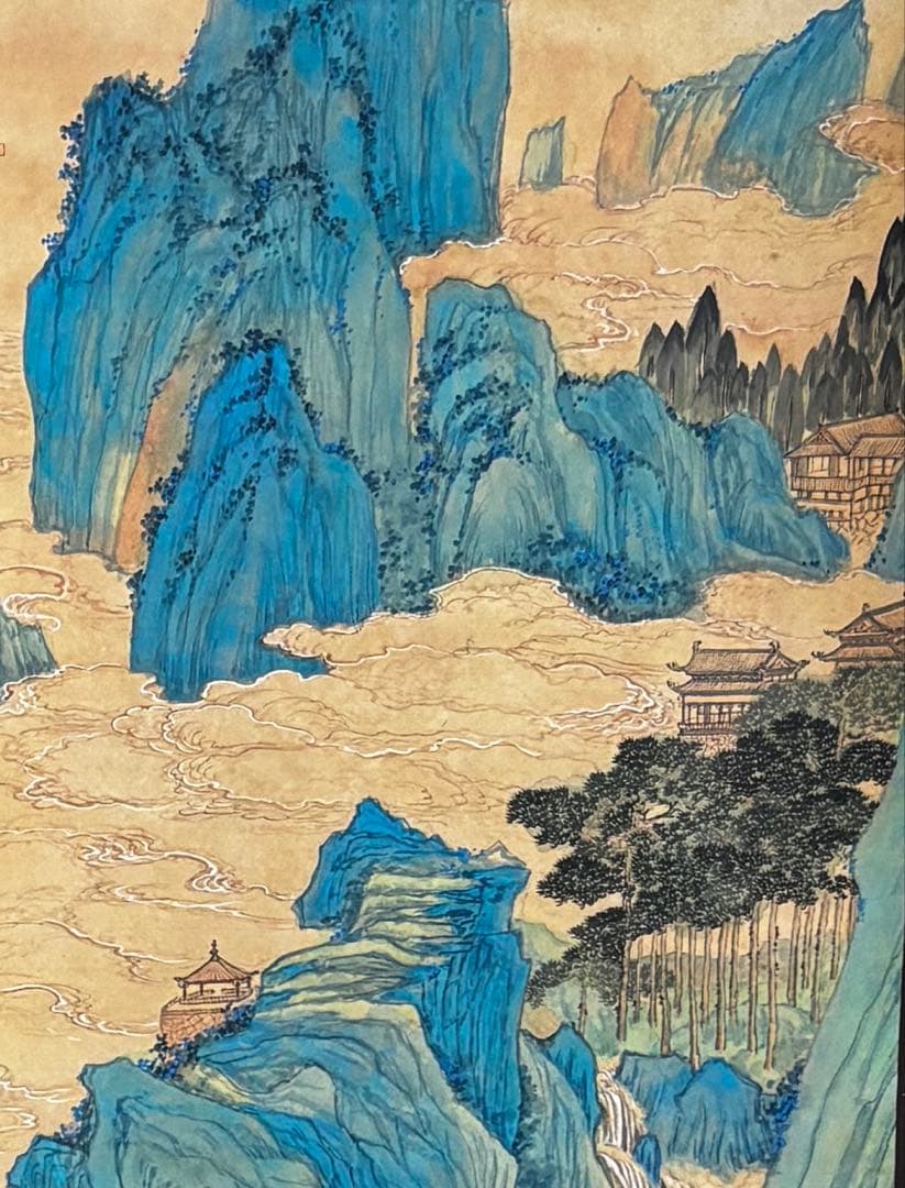 掛け軸　桃園仙境図 謝陽画　アート　中国　水墨画　青緑山水画　箱有　アンティーク