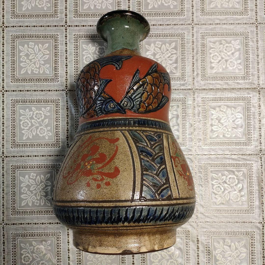 ★壺屋焼★小橋川清正 赤絵魚紋大壷 高さ３７ｃｍ、重量約５．５kg