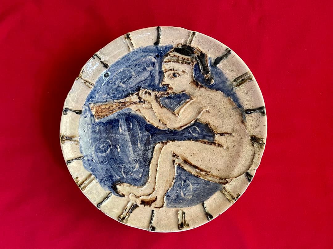 川喜田半泥子 大皿 二代半泥子(川喜田敦)甲書大皿 喇叭を吹く童子 伊藤庸庵識筥
