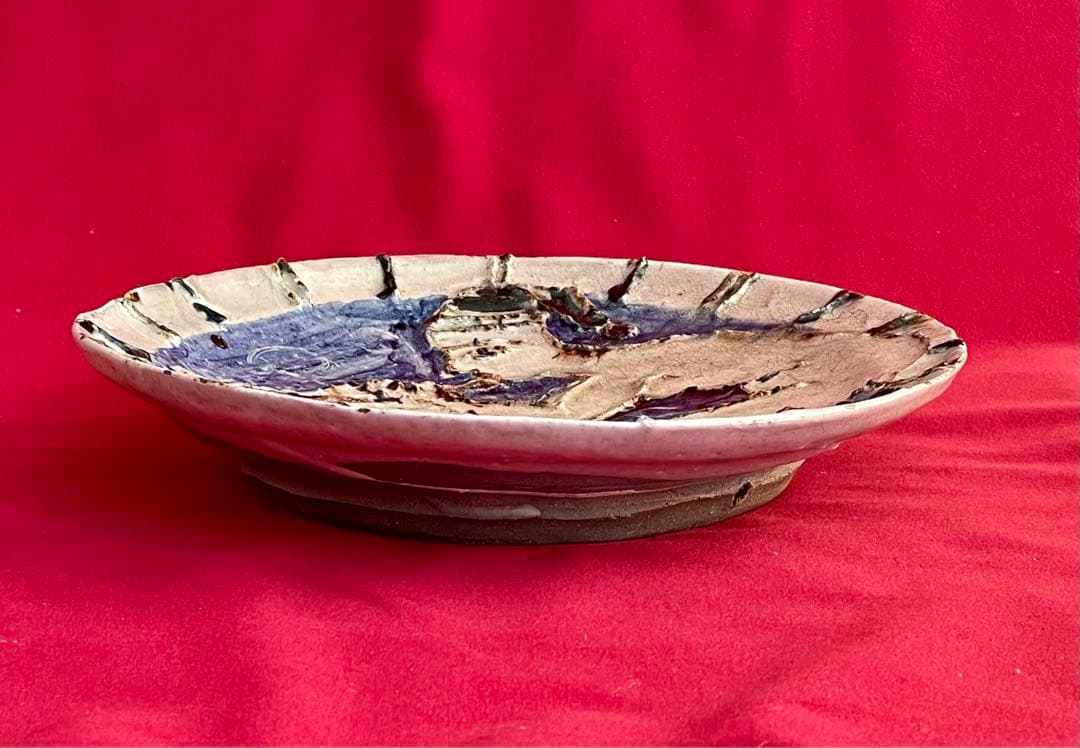 川喜田半泥子 大皿 二代半泥子(川喜田敦)甲書大皿 喇叭を吹く童子 伊藤庸庵識筥