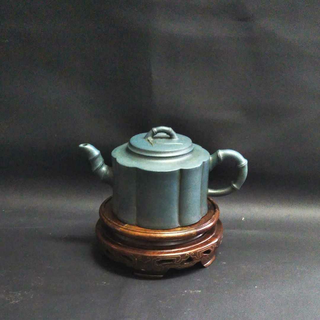 ※中国古美術/緑泥竹林笹竹紋茶壺/(底款:朱可心)【保存箱付】