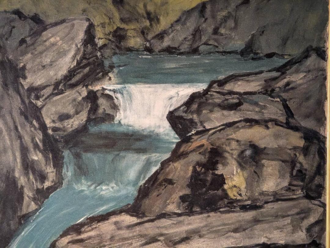 【真作】絵画　水島裕　日本画10号　滝　渓谷の響き　山間の清流　箱入　U43