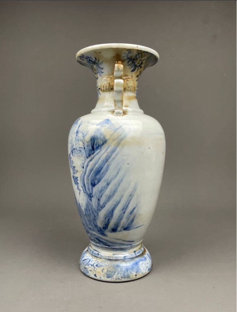 平戸焼 耳付花瓶 双耳 染付 飾壺 茲朗窯 山水図 本時代 希少品 白磁 花器