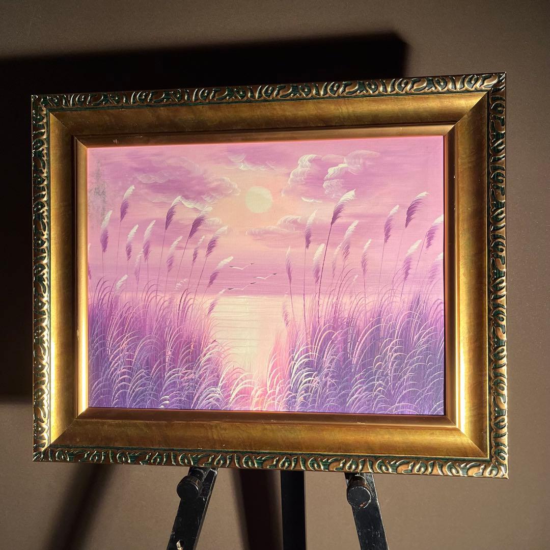 手書き油絵 湖と渡り鳥 額付き 肉筆絵画 インテリア 油彩画