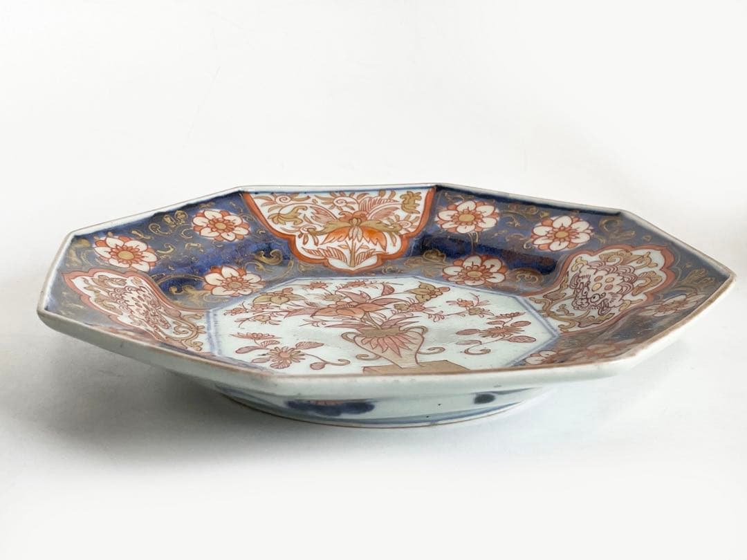 骨董　アンティーク　古伊万里　色絵花瓶獅子図八角皿　輸出伊万里　元禄　輸出手