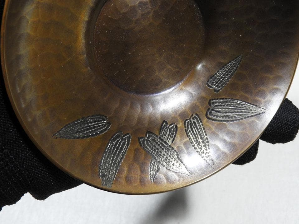 ●玉川堂 笹文 揃い 茶筒 + 茶托五客 鎚起銅 銅製 銅器 黄布 栞 共箱入り