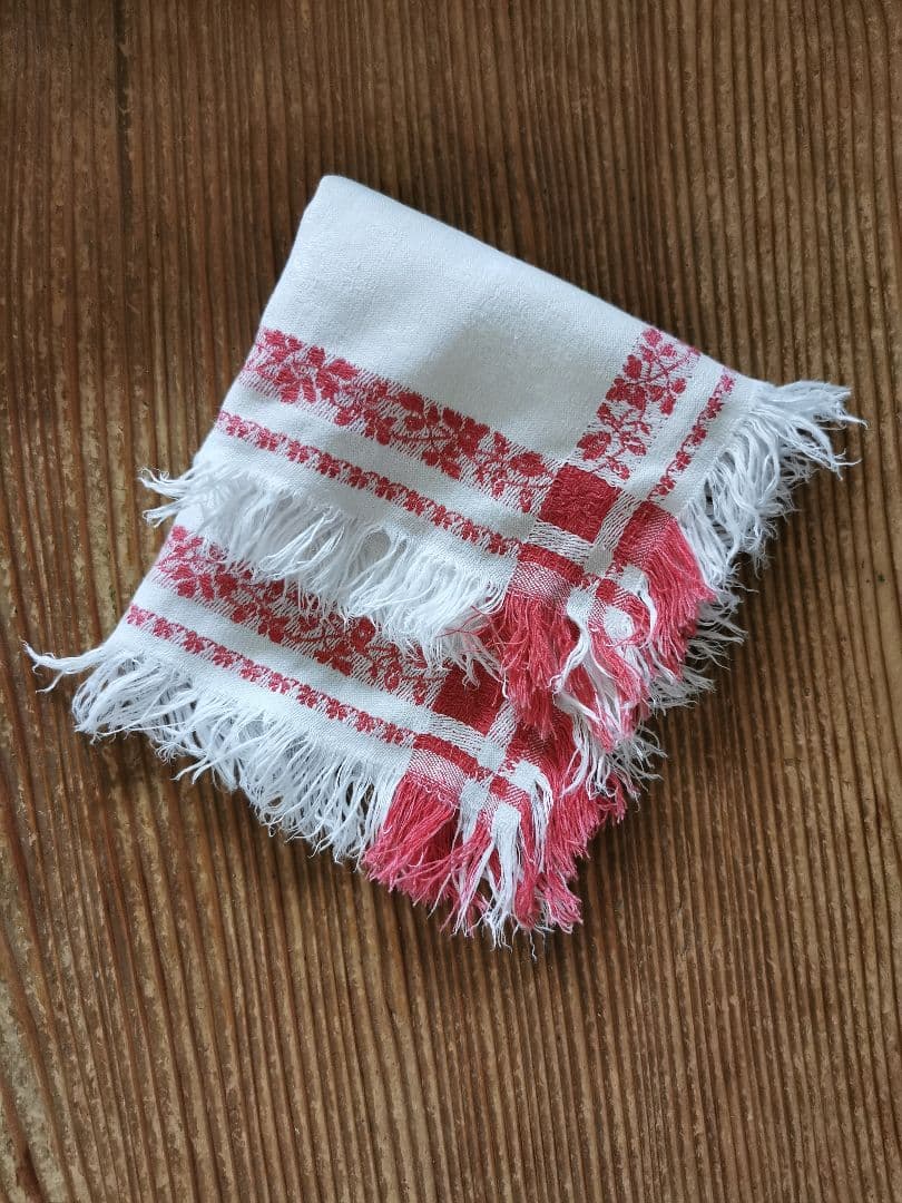 アンティーク フランス ダマスク織レッドリネンクロス 三つ葉のリーフモチーフ