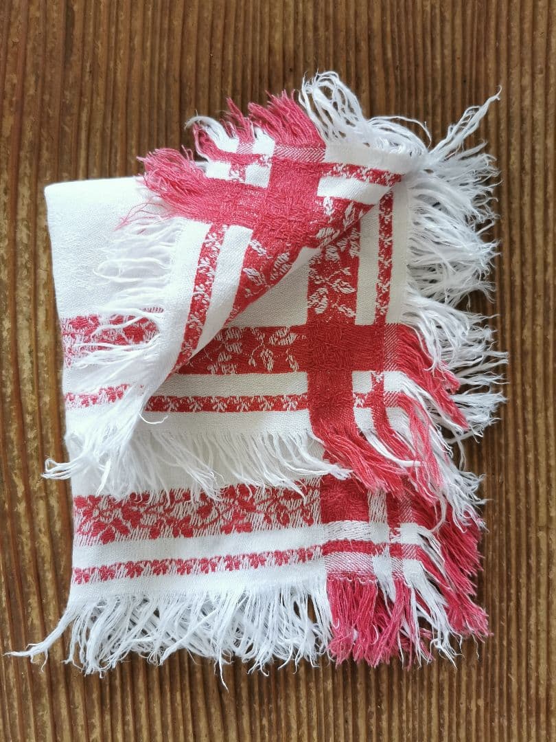 アンティーク フランス ダマスク織レッドリネンクロス 三つ葉のリーフモチーフ