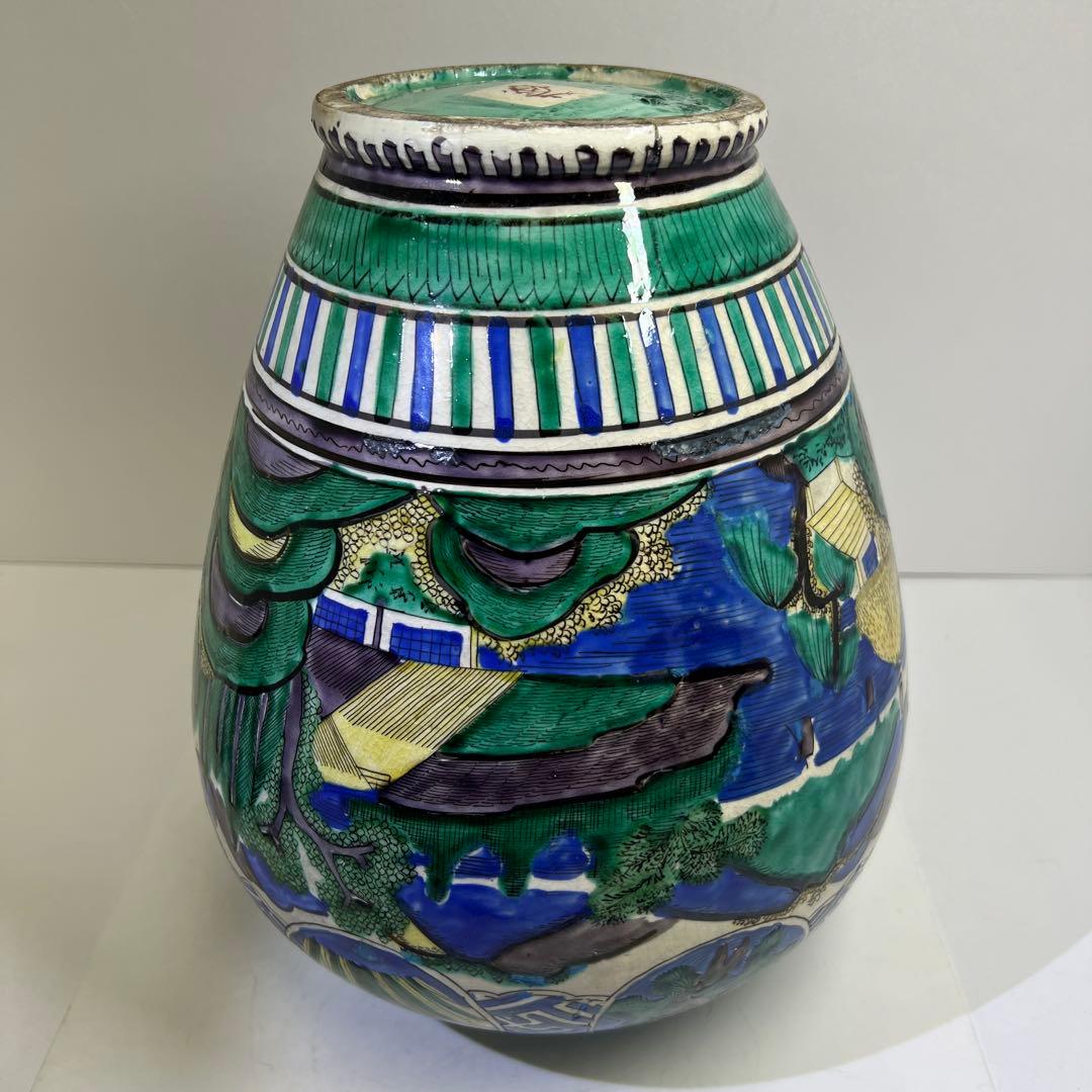 江戸後期　青九谷　特大沈香壷　木箱付　高さ約45㎝　東Y7-1209☆2Fタルサ