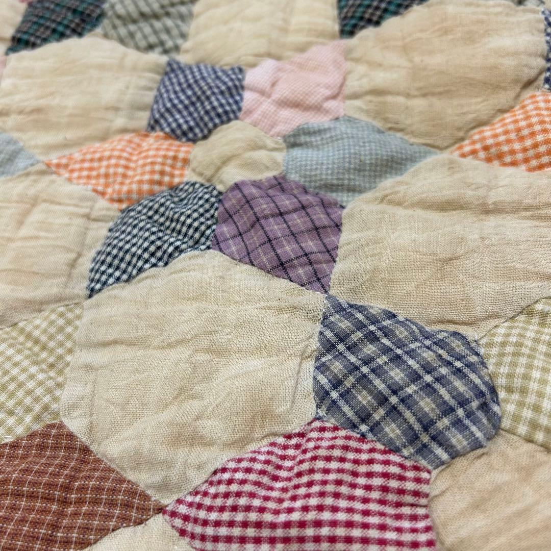 美品【アンティーク コットンキルト長方形】六角形パッチワーク【プレ付】アメリカン