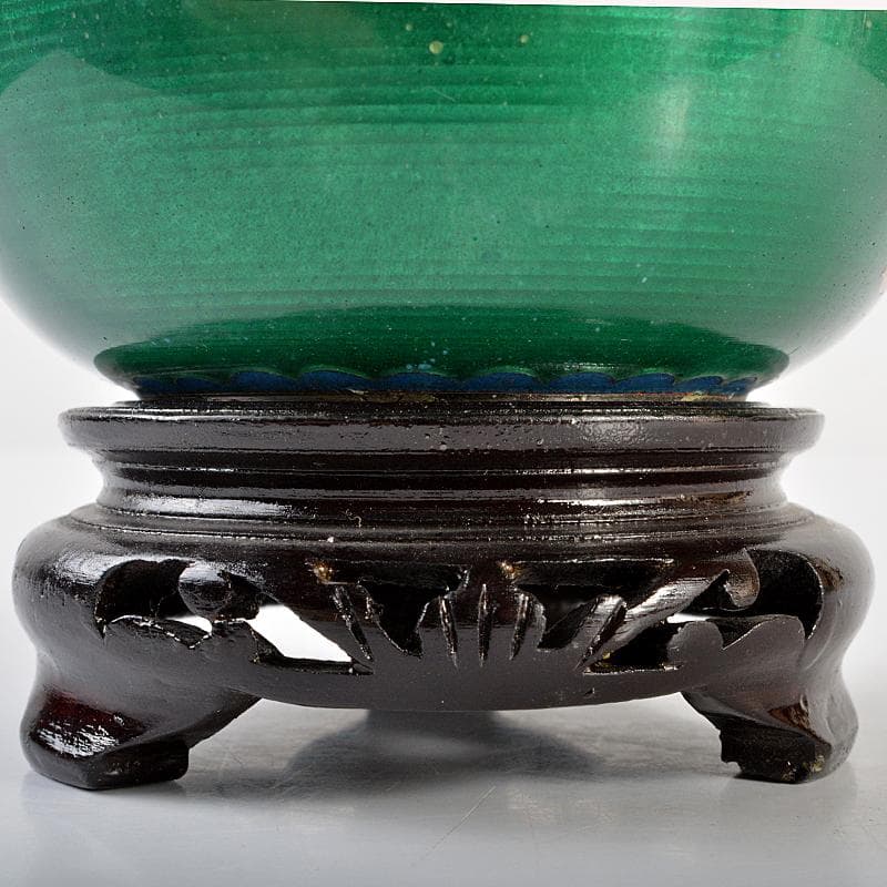 中国　古七宝　緑透釉　銀線象嵌　花蝶文　小鉢　唐木台付　M　R6842