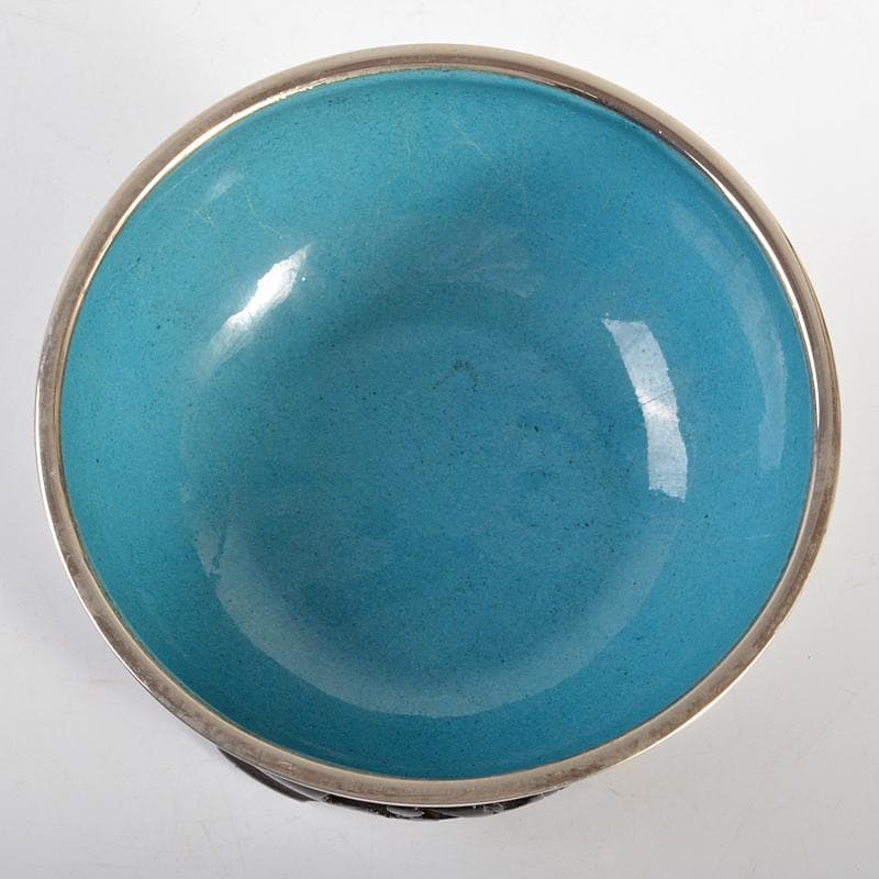 中国　古七宝　緑透釉　銀線象嵌　花蝶文　小鉢　唐木台付　M　R6842