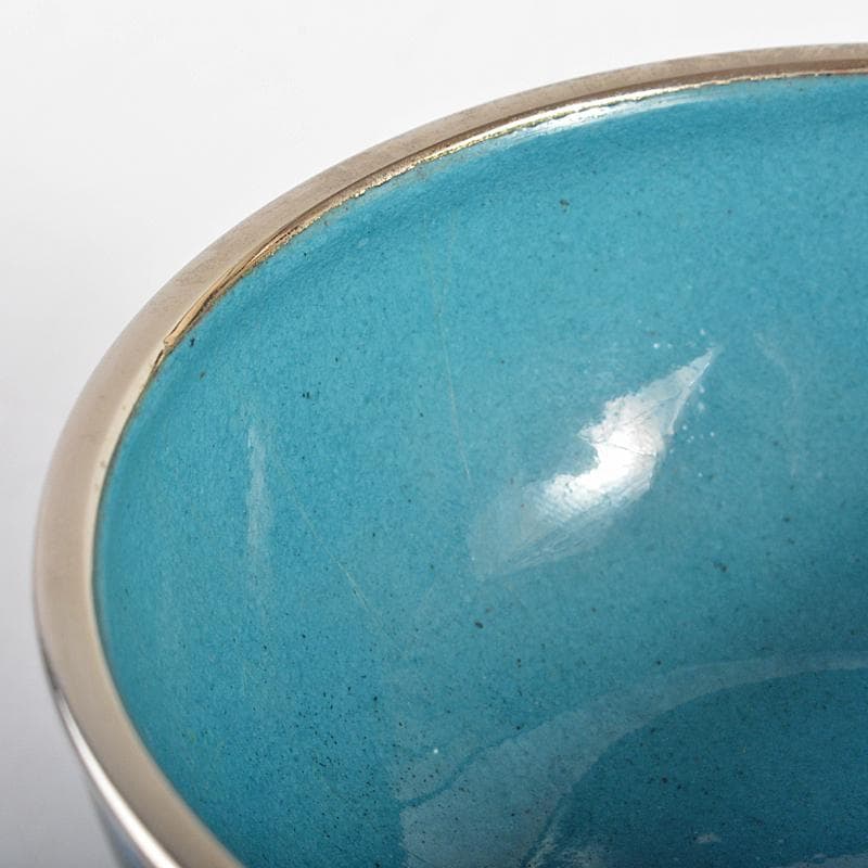 中国　古七宝　緑透釉　銀線象嵌　花蝶文　小鉢　唐木台付　M　R6842