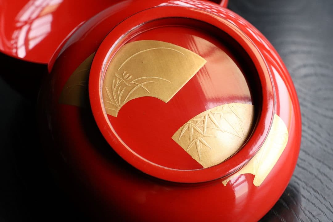 CK87 輪島塗 扇面四君子 金蒔絵 朱塗椀 三客 木製漆器 / 茶懐石 菓子椀