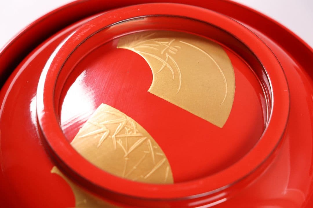 CK87 輪島塗 扇面四君子 金蒔絵 朱塗椀 三客 木製漆器 / 茶懐石 菓子椀