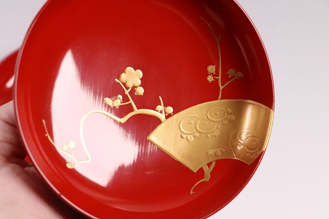 CK87 輪島塗 扇面四君子 金蒔絵 朱塗椀 三客 木製漆器 / 茶懐石 菓子椀