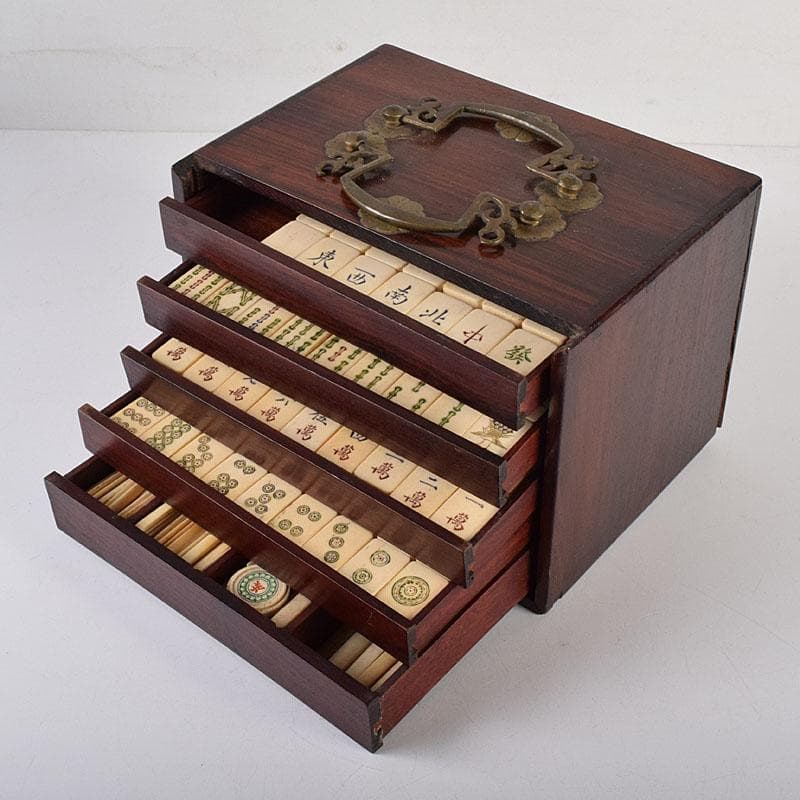 中国　竹嵌　骨牌　背竹牌　麻雀牌　唐木箱付　D　7900