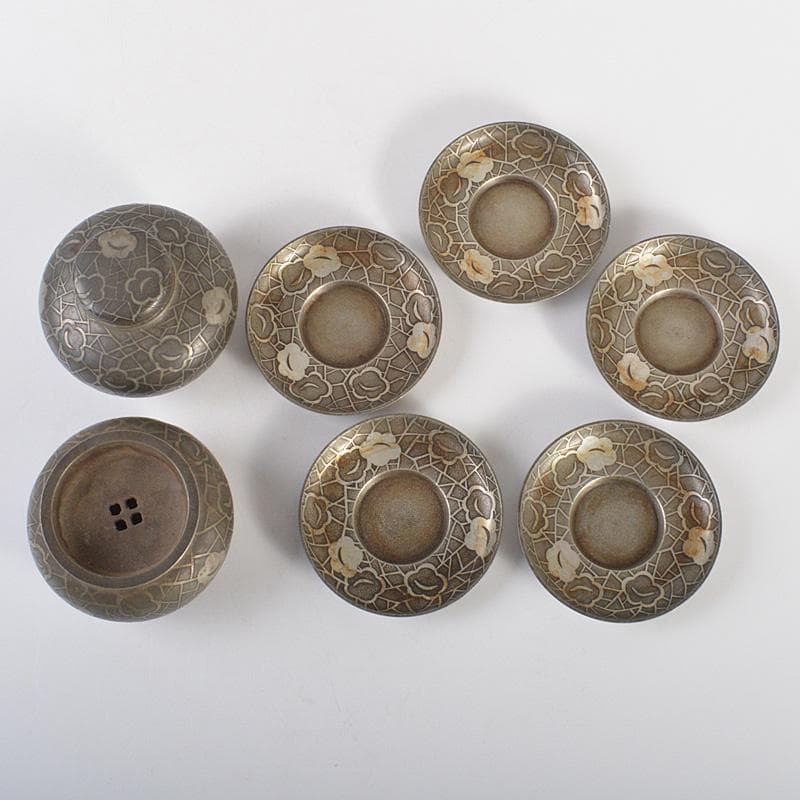 本錫　継山造　花文　茶壷　茶こぼし　茶托五客　合計約1027g　D　R6699