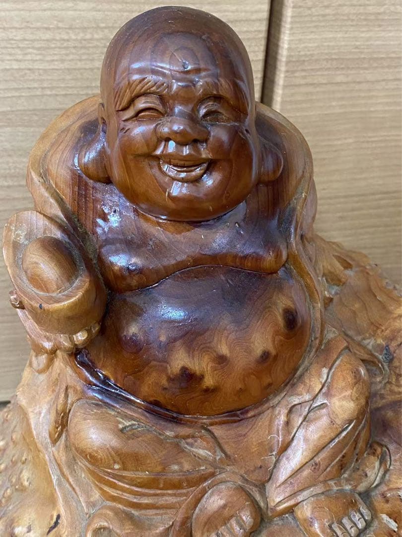 縁起物 天然木根彫七福神 布袋様一刀彫木彫置物