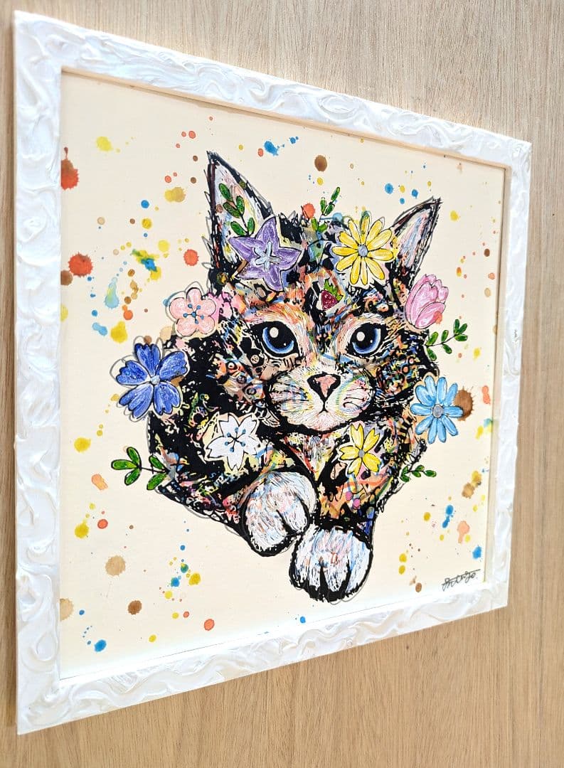 スイカ大サイズ✨手作り額付き作品「へい！お待ちニャンコ」