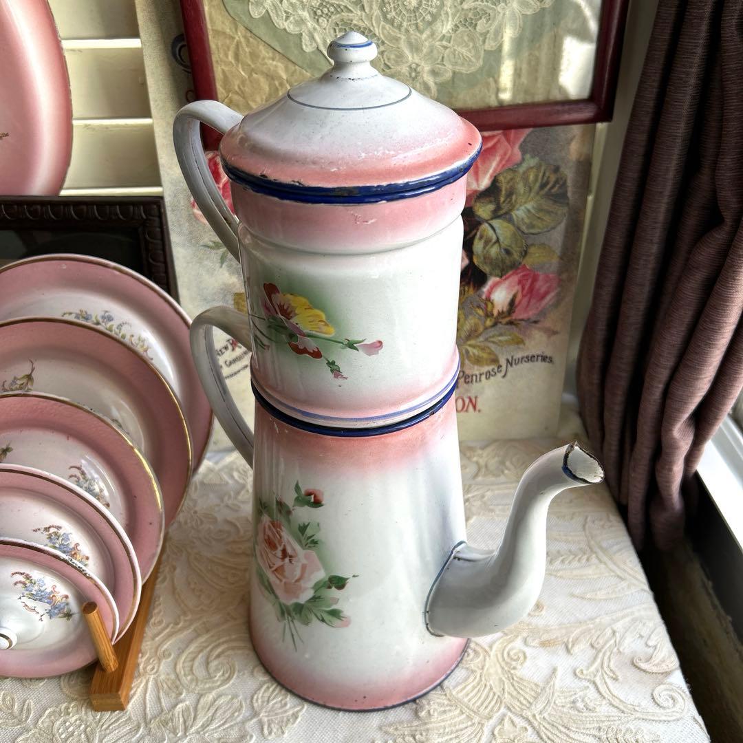 フランスアンティーク　Pink japy ホーローポット