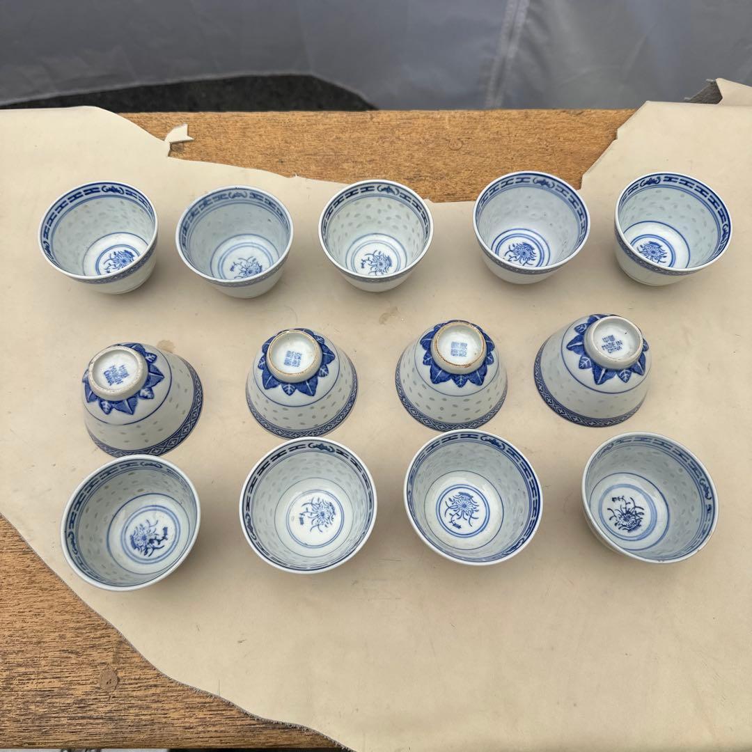 景徳鎮製大量まとめ　青花茶器セット ポット2点 湯呑19客 中国茶器 煎茶道具