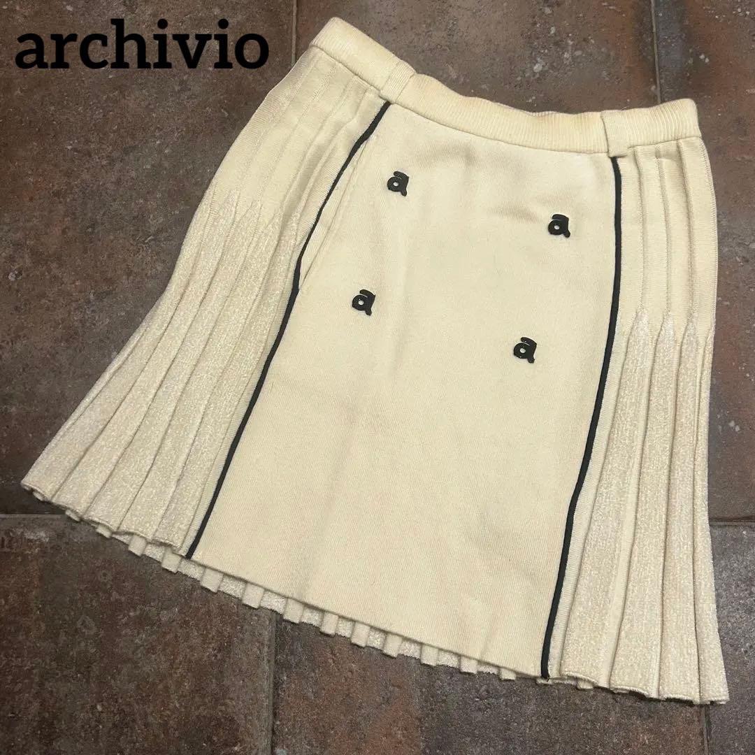 archivio ニットプリーツスカート 裾ベロア調 ウール混 ウエストゴム