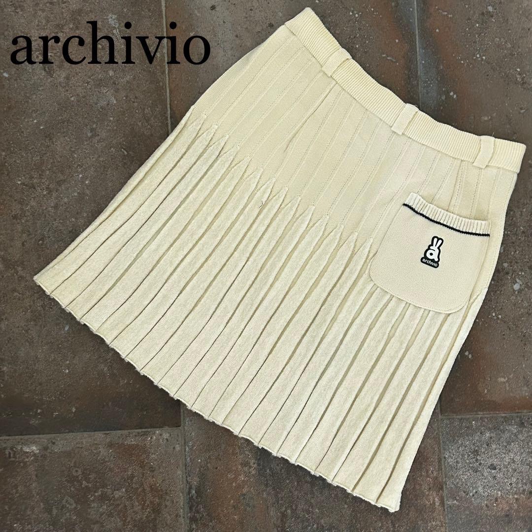 archivio ニットプリーツスカート 裾ベロア調 ウール混 ウエストゴム