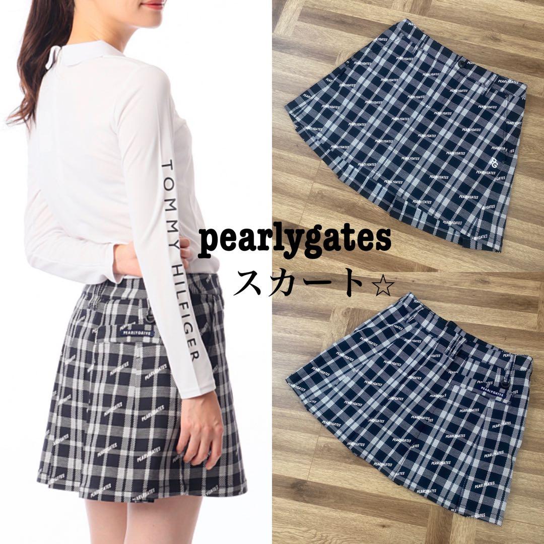 美品♡パーリーゲイツ♡バックプリーツスカート♡チェック♡ネイビー♡ロゴ♡M