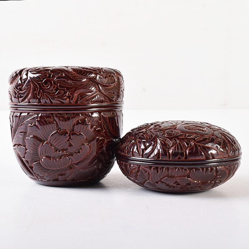 無形文化財　三野原晃一作　村上堆朱　牡丹文　棗　香合　共箱　2点　M　R8069