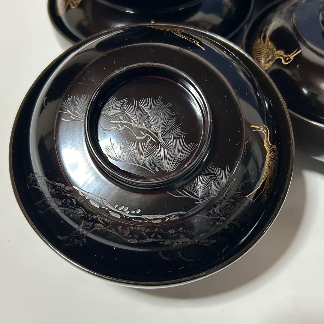 輪島塗　蒔絵　漆器 吸物椀 多用椀 松竹梅　金色鶴彫刻 10個セット