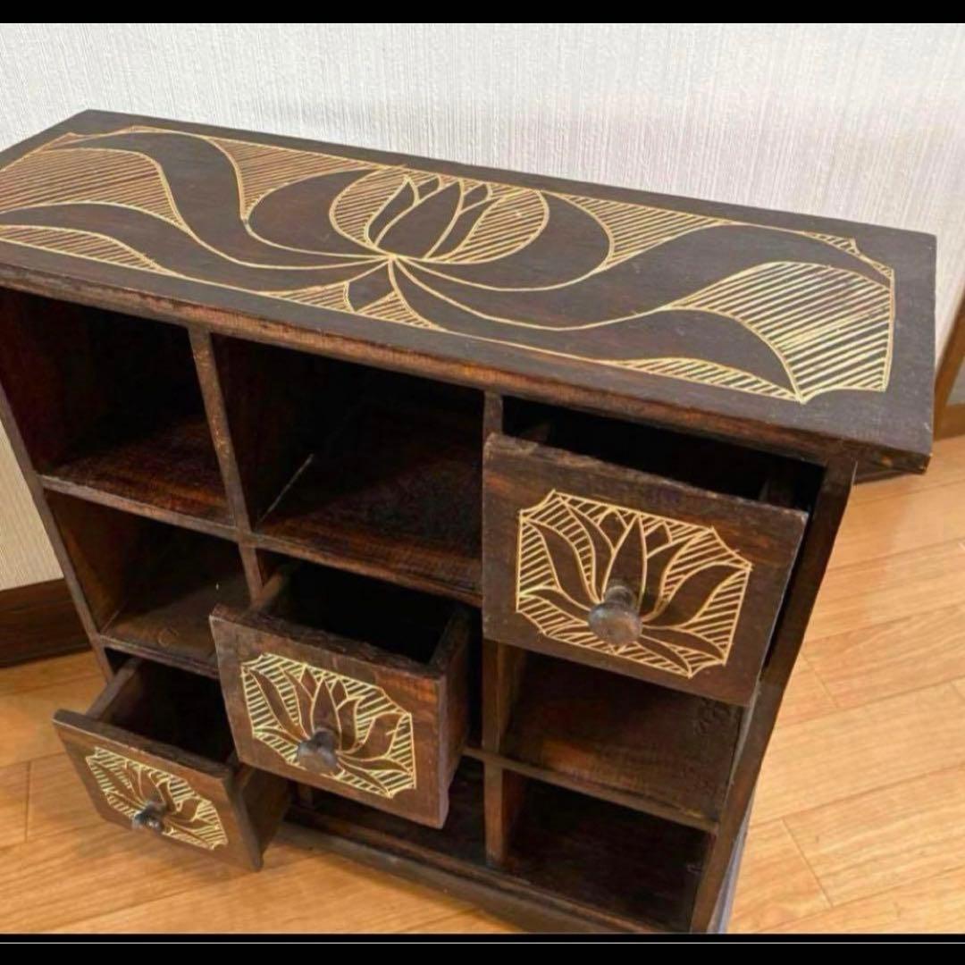 レトロアンティーク家具アジアン家具ディスプレイ棚木製家具ロータス蓮の花手彫り彫刻