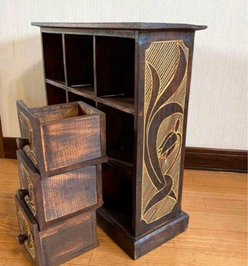 レトロアンティーク家具アジアン家具ディスプレイ棚木製家具ロータス蓮の花手彫り彫刻