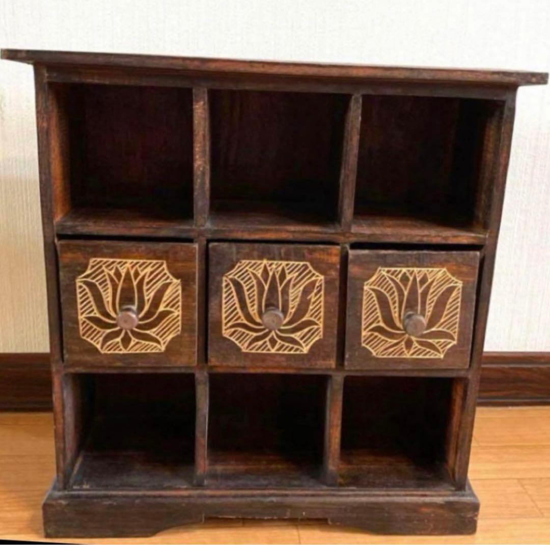 レトロアンティーク家具アジアン家具ディスプレイ棚木製家具ロータス蓮の花手彫り彫刻