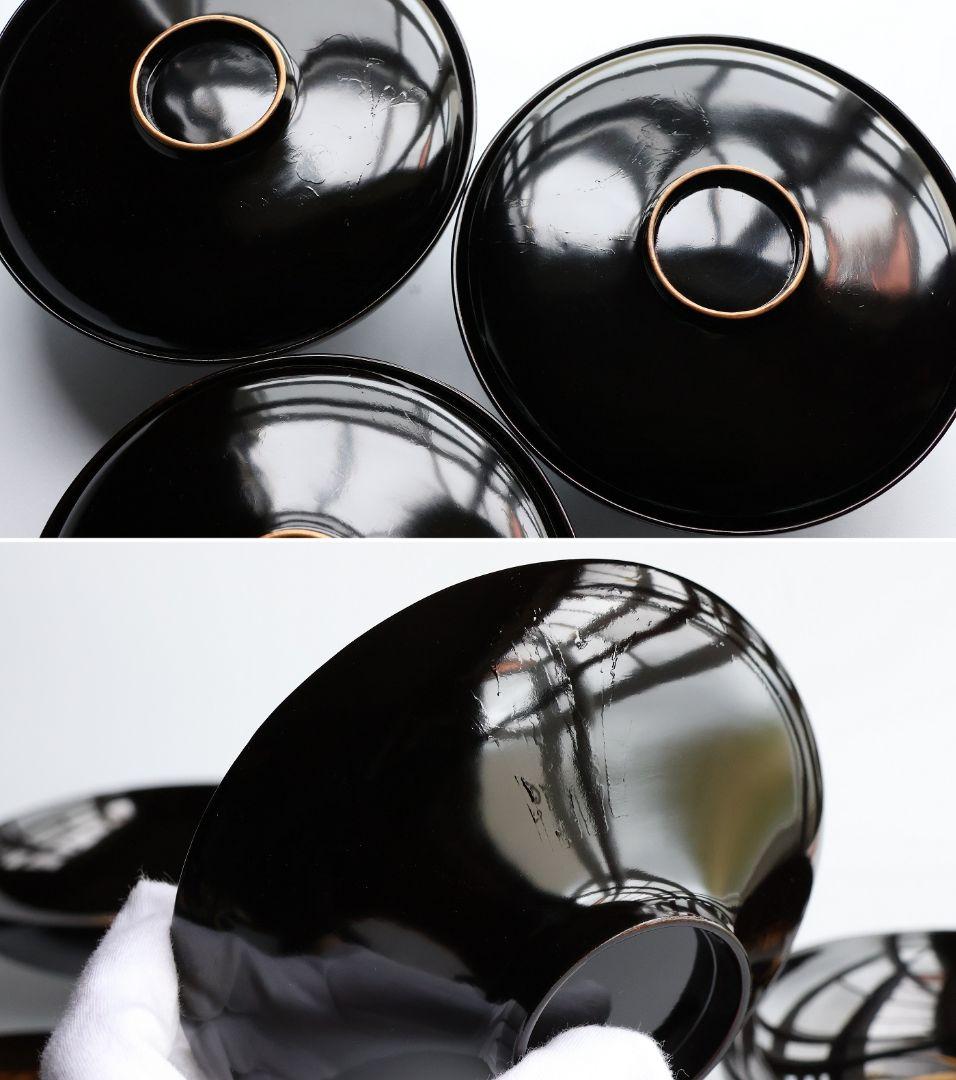 【CM353】時代蒔絵椀 竹に鶏金蒔絵 平椀三客 木製 /(検) 輪島塗加賀能登