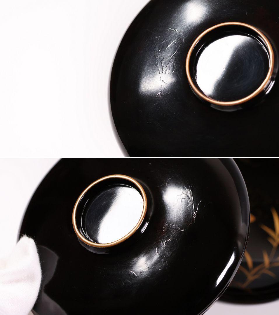 【CM353】時代蒔絵椀 竹に鶏金蒔絵 平椀三客 木製 /(検) 輪島塗加賀能登