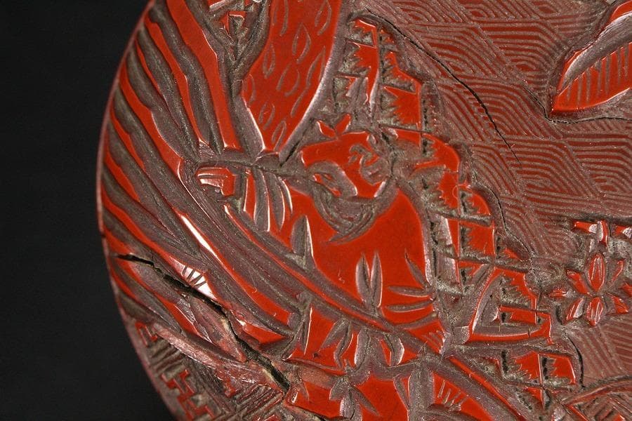 中国美術 堆朱 刻 林行唐子図 香合 蓋物 旧家蔵出