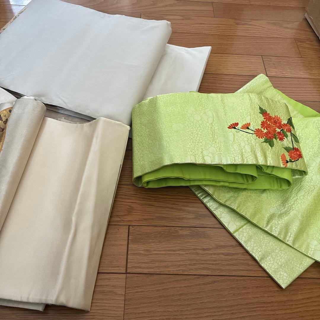 ショコラティエ 貝合わせと緑色 扇形花柄 袋帯3点