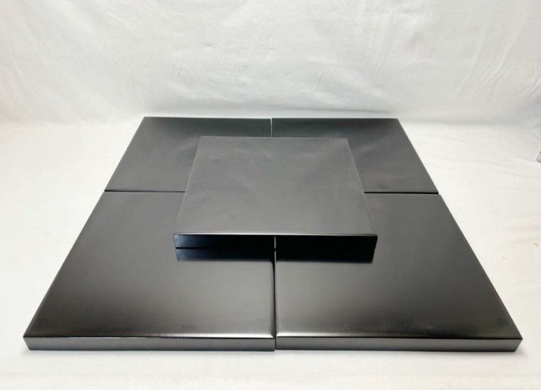 美品 懐石道具 木製黒真塗 四方膳 会席膳 平膳 5客揃 懐石盆 銘々盆 紙箱