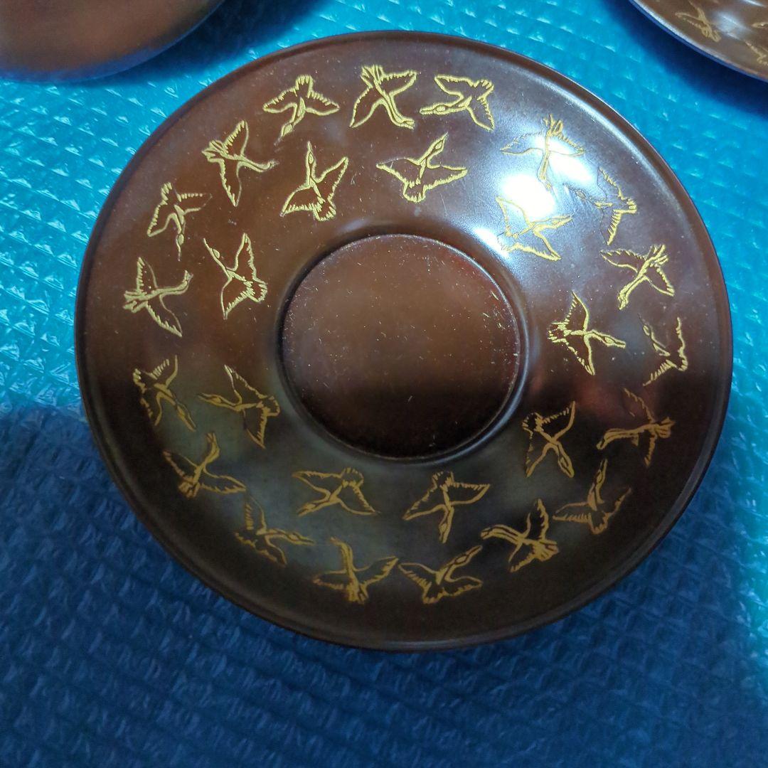 青銅製茶托 5枚セット 鶴の鳥彫金模様 木箱入り