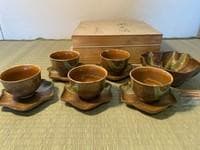 織部焼「織部流し」　（茶菓揃　彩堂窯彩杢作）